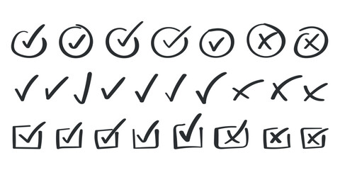 Check mark icon in hand drawn style. Handmade doodle vector illustration on isolated background. Cross, circles, arrow mark sign business concept.