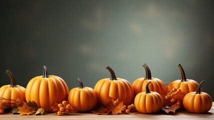 Naklejka na ściany i meble Pumpkins with fall leaves over wooden background.