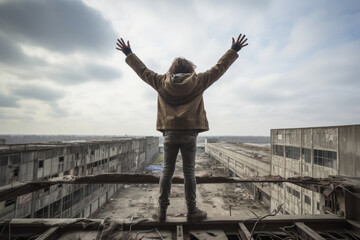 Fototapeta premium Young man doing urbex at top of an abandoned building in ruins with arms in the air enjoying the view of the city , urban exploration concept image
