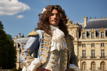 Man with long curly hair dressed like Louis XIV the former french king with 17th century clothing...