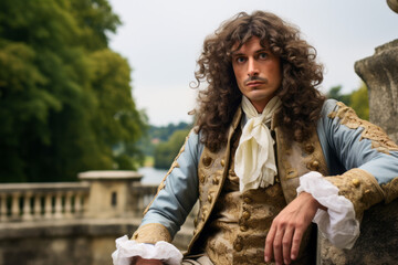 Man with long curly hair dressed like Louis XIV the former french king with 17th century clothing and renaissance castle in background - obrazy, fototapety, plakaty