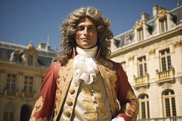 Man with long curly hair dressed like Louis XIV the former french king with 17th century clothing and renaissance castle in background - obrazy, fototapety, plakaty