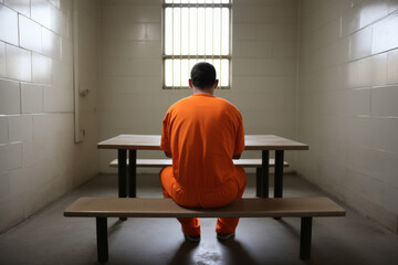 Man dressed in orange sit on a bench of a prison cell alone , back view , jail or imprisonment concept image - Powered by Adobe