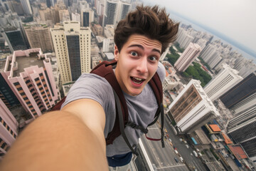 Young urban exploration influencer take selfie picture at top of high rise building dangling himself , urbex or free solo climbing concept image