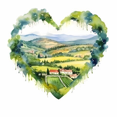 Watercolor landscape of Provence inside heart shape.