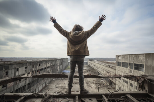 Young man doing urbex at top of an abandoned building in ruins with arms in the air enjoying the view of the city , urban exploration concept image