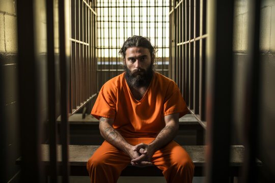 Man dressed in orange sit on a bench of a prison cell alone , looking at the camera , jail or imprisonment concept image