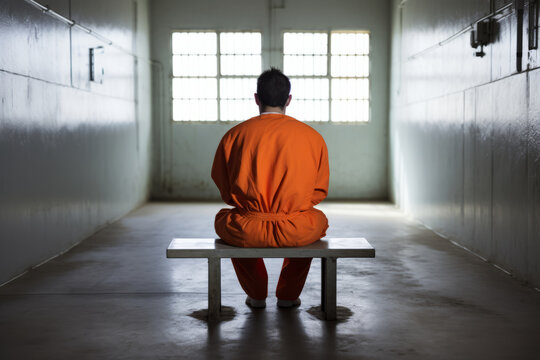 Man dressed in orange sit on a bench of a prison cell alone , back view , jail or imprisonment concept image