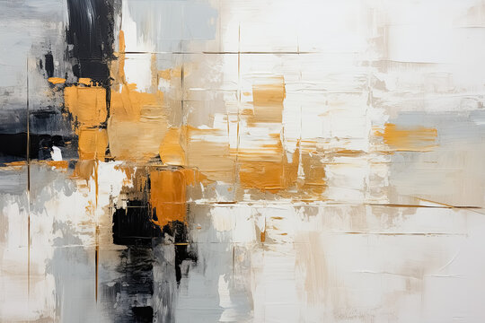 &Ouml;lmalerei mit abstrakten haptischen dynamischen Linien und von Pinselstrichen und Farbspachtelauftrag in Wei&szlig;, Gold und Schwarz auf Leinwand als Hintergrundtextur.