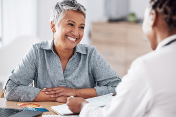 Paperwork, doctor or consulting a happy patient in meeting talking in hospital for history or...