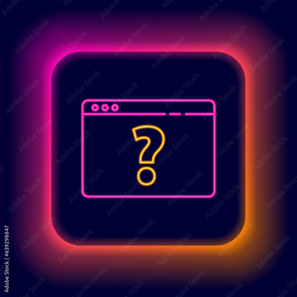 Poster glowing neon line browser with question mark icon isolated on black background. internet communicati