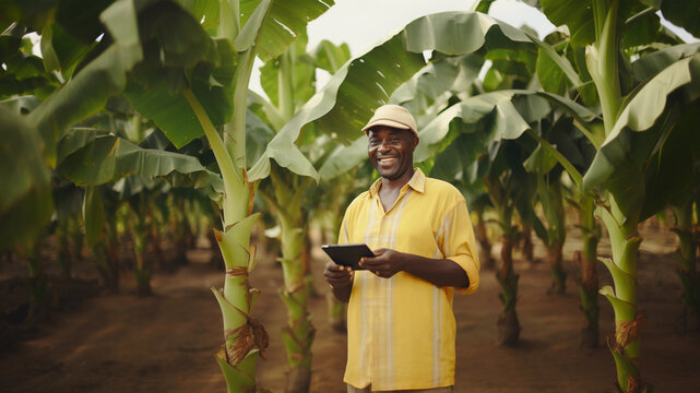 A modern African farmer in a banana plantation using a digital tablet. Concept of agricultural business technology, contemporary farming technology, agriculture practices, smart farming - Powered by Adobe