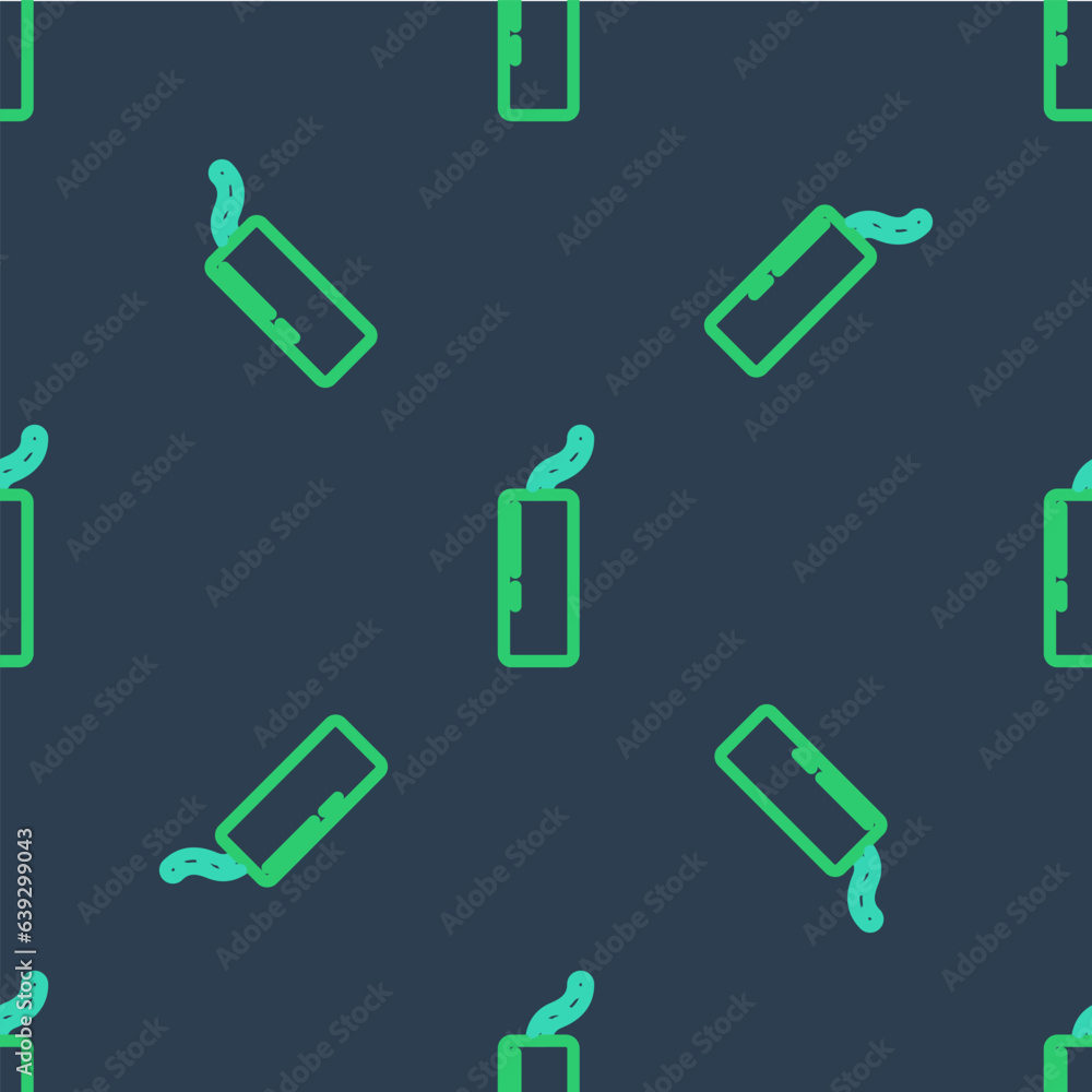 Poster line detonate dynamite bomb stick and timer clock icon isolated seamless pattern on blue background.