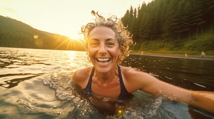 Selfie image of mature happy woman swim in the lake in middle of beautiful natural landscape - Powered by Adobe