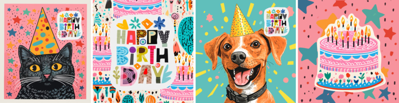 Happy birthday. Vector funny illustrations of cute cat, birthday cake, dog in a cap, lettering for a greeting card or background