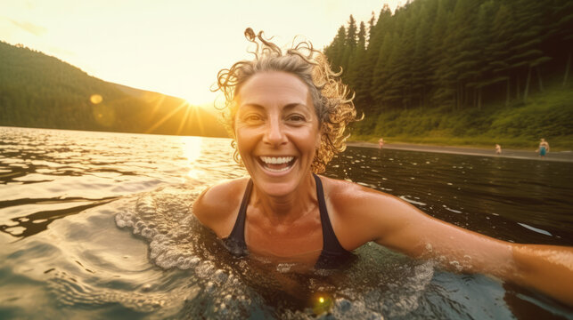 Selfie image of mature happy woman swim in the lake in middle of beautiful natural landscape