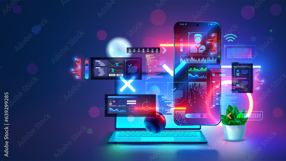 Fototapete Mobile phone app software development concept. Design interface of mobile devices application. Layout elements mobile design in air around hanging phone, developer laptop. Programming phone app.