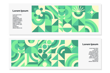 Green geometry flyer set bauhaus minimal 20s style with nature abstract shapes. Fresh organic background. Eco friendly texture, geometry mosaic. Vector 10 eps