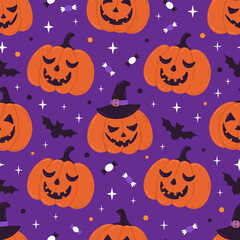 Seamless pattern with Halloween cute spooky pumpkins. Vector background with funny hand drawn scary Holiday characters.