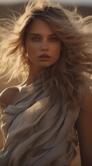 Blonde Girl with Windblown Hair in Close-up, Summertime Generic Background. Generative AI