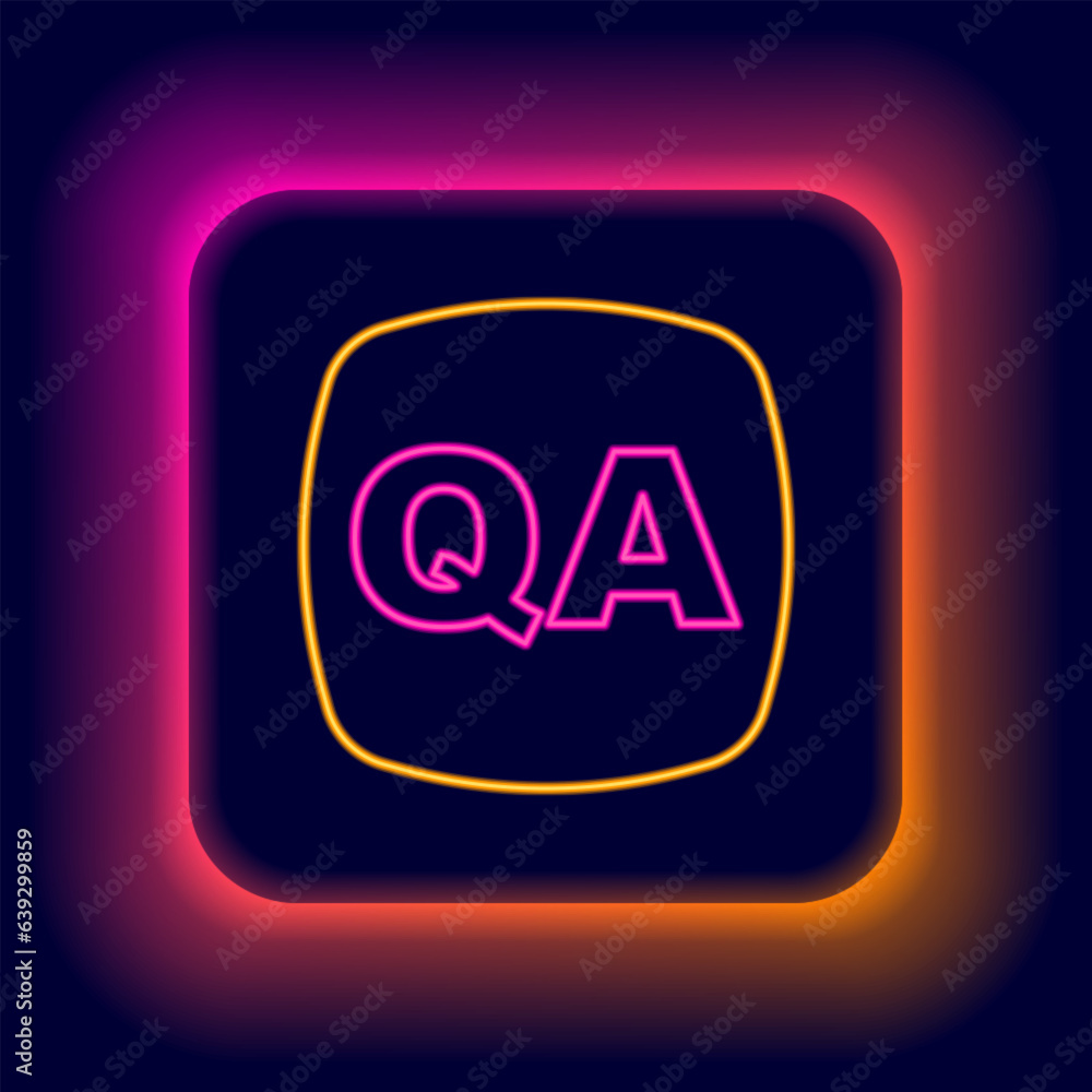 Poster glowing neon line speech bubbles with question and answer icon isolated on black background. q and a