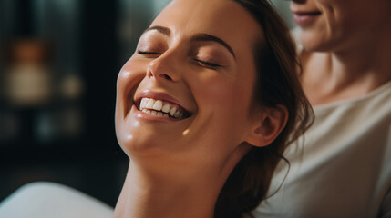 A woman's laughter is captured in a candid shot as she indulges in a facial massage embracing both the skincare benefits and the joy it brings. 