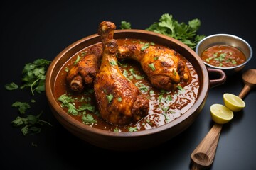 Flavorful leg ensemble Murg tangri masala, a tangdi chicken curry with succulent drumsticks Generative AI