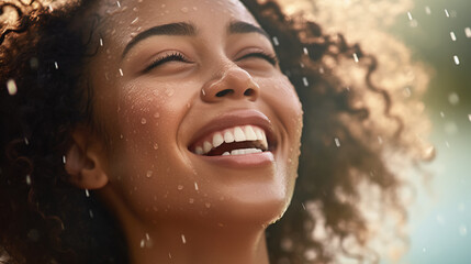 a woman enjoys a revitalizing facial mist capturing the refreshing moment as she invigorates her skin and her senses. 