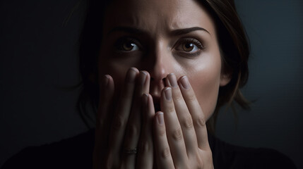 a woman recoiling slightly her hand reaching for her throat her eyes wide with alarm as if surprised by something unexpected. 