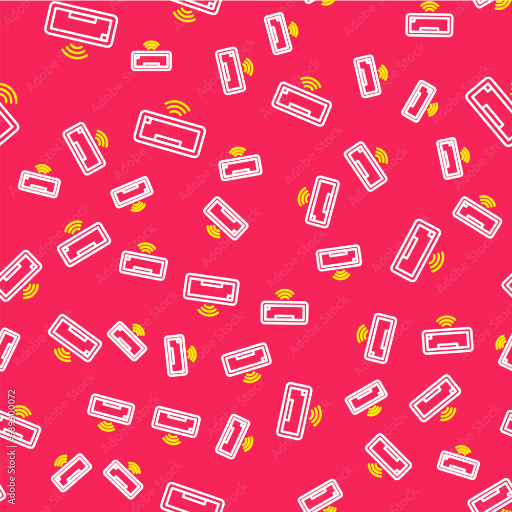 Poster line computer keyboard icon isolated seamless pattern on red background. pc component sign. vector