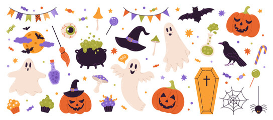 Halloween element set: hat, ghost, bat, candy, funny pumpkins, spiders. Perfect for scrapbooking, greeting card, party invitation, poster, tag, stickers. Hand drawn vector illustration.