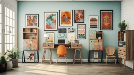 Eclectic Home Office Gallery Wall - Vibrant, Creative and Inspirational Art Prints, generative Ai