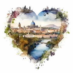 Watercolor landscape of Rome inside heart shape.
