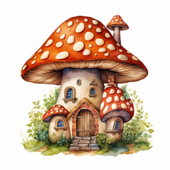 Toadstool mushroom house, watercolor illustration, cartoon childish style.