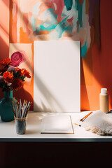 artistic frame canvas mock up in a curated whimsical studio setting / vintage artists desk, atelier bohemian style with natural light and shadows - ai generative art