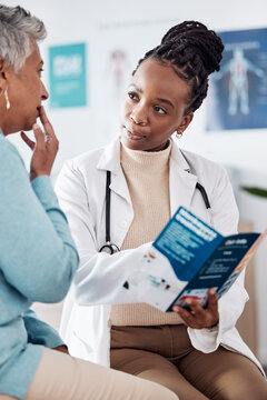 Brochure, consulting or doctor talking to person for life insurance or healthcare services or medical data. Women, nurse listening or mature patient learning info on pamphlet in hospital for advice