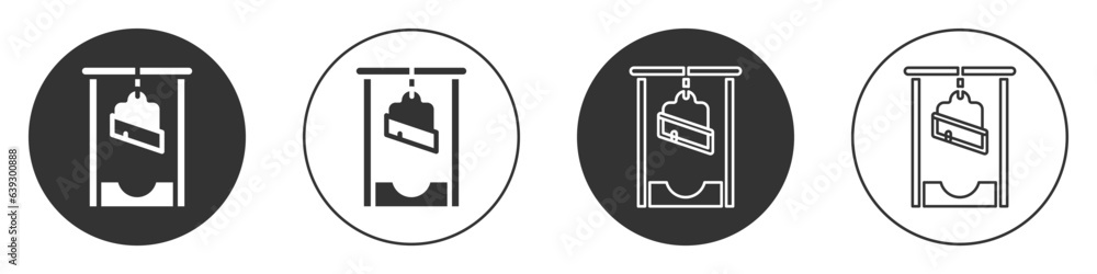 Poster black guillotine medieval execution icon isolated on white background. circle button. vector