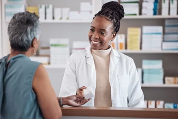 Fotobehang Apotheek Pharmacist, pharmacy woman and customer for medicine service, healthcare advice and clinic solution or support by counter. African doctor or medical people with box for pills, product or retail drugs