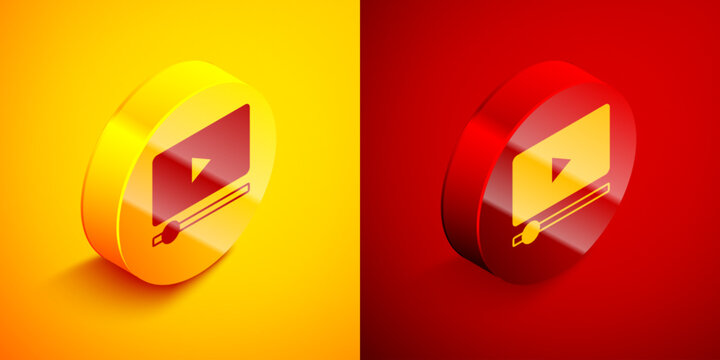 Isometric Online play video icon isolated on orange and red background. Film strip with play sign. Circle button. Vector