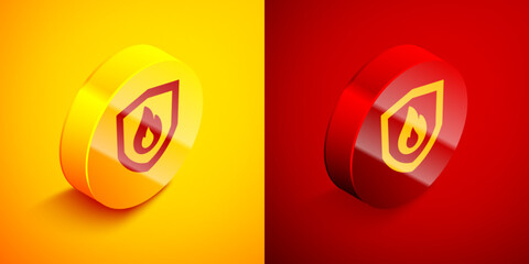 Isometric Fire protection shield icon isolated on orange and red background. Insurance concept. Security, safety, protection, protect concept. Circle button. Vector