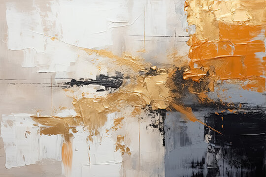 &Ouml;lmalerei mit abstrakten haptischen dynamischen Linien und von Pinselstrichen und plakativen Farbspachtelauftrag in Wei&szlig;, Gold und Schwarz auf Leinwand als Hintergrundtextur.