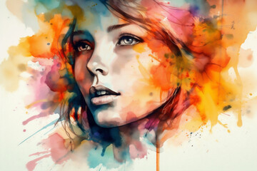 woman watercolor art face style illustration colourful portrait beauty lip elegance. Generative AI.