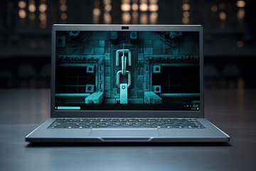 Cybersecurity. Laptop with bank security vault door embedded in the screen.