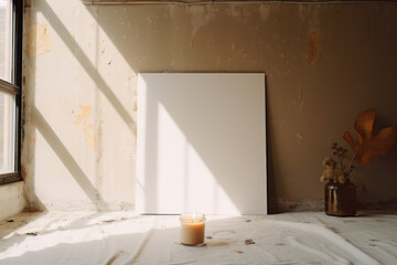 artistic frame canvas mock up in a curated whimsical studio setting / vintage artists desk, atelier bohemian style with natural light and shadows - ai generative art