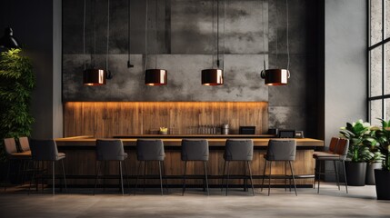 Modern luxury interior in cafe with bar and chairs with concrete walls, Generative AI
