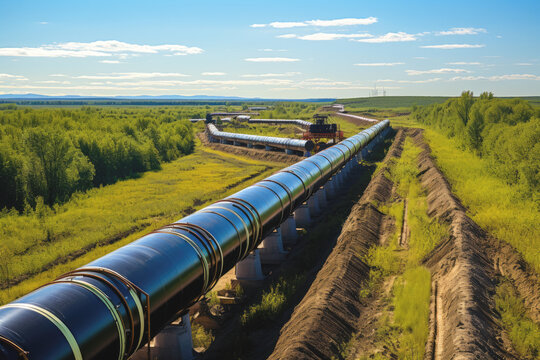 Gas and oil pipeline crosses green landscape to the industrial refinery, petroleum organization delivering resources production