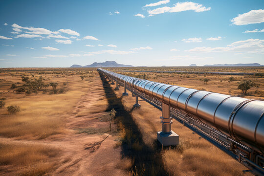 Gas And Oil Pipeline Crosses Green Landscape To The Industrial Refinery, Petroleum Organization Delivering Resources Production