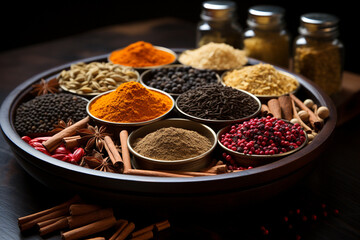 Various kind of Indian spices and herbs. 