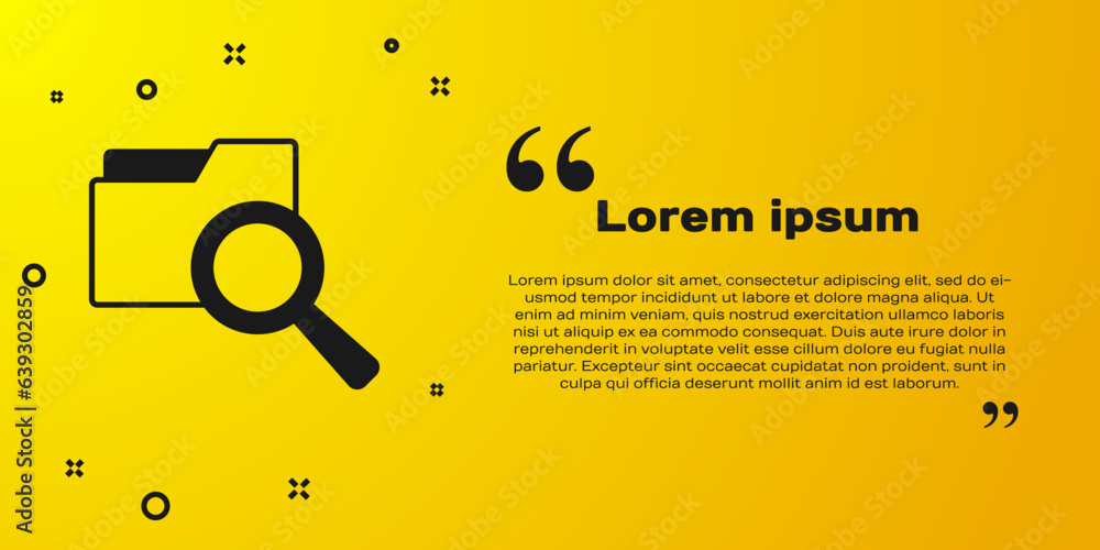 Poster black search concept with folder icon isolated on yellow background. magnifying glass and document. 