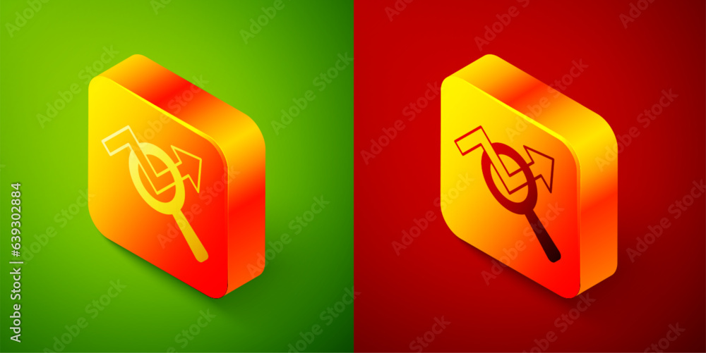 Poster isometric magnifying glass and data analysis icon isolated on green and red background. search sign.